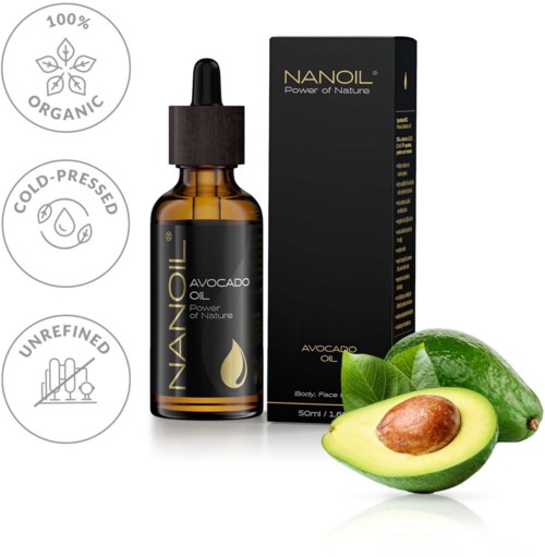Avocado oil bottle with label, box, and fresh avocado halves beside it. Symbols show it is organic, cold-pressed, and unrefined.
