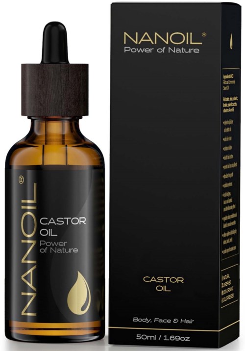 A small brown bottle with a dropper and a black box beside it. The label says 'NANOIL Castor Oil'.