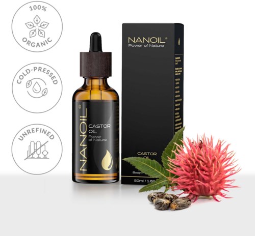 Castor oil bottle with a flower, seeds, and a box. Labels show it's organic, cold-pressed, and unrefined.