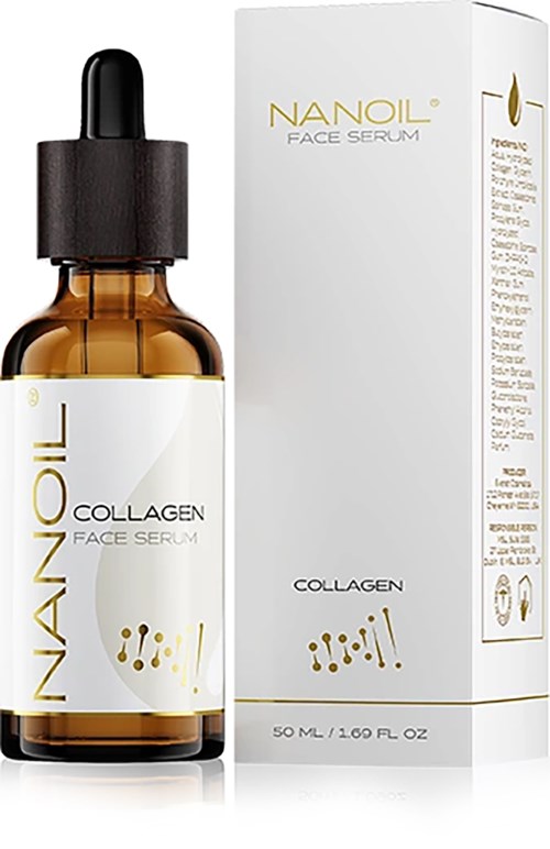 A brown glass bottle with a black dropper cap, labeled Nanoil Collagen Face Serum, next to its white box packaging.