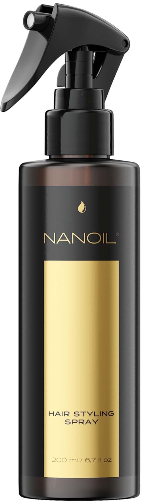 A black spray bottle with gold label, labeled 'Nanoil Hair Styling Spray,' and a spray nozzle at the top.