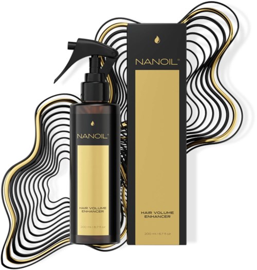 Black spray bottle and box labeled NANOIL, both promoting hair volume enhancement, with abstract black, white, and gold background.