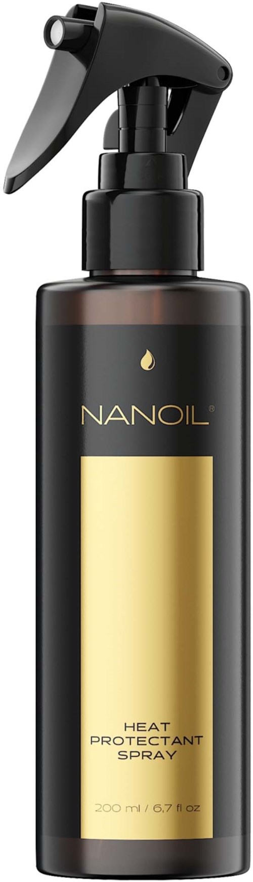 A black bottle with a spray nozzle, labeled 'NANOIL' and 'Heat Protectant Spray,' contains 200 ml of product.