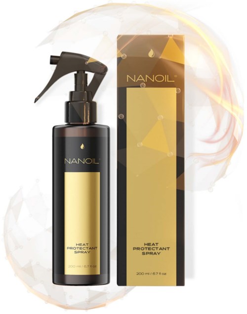 A black spray bottle and yellow box labeled Nanoil Heat Protectant Spray, 200 ml.