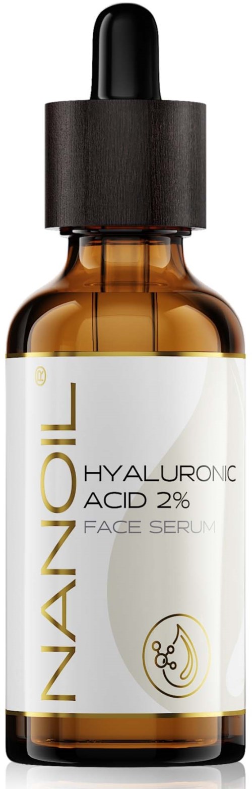 A small amber bottle with a black dropper cap labeled 'NANOL HYALURONIC ACID 2% FACE SERUM'.
