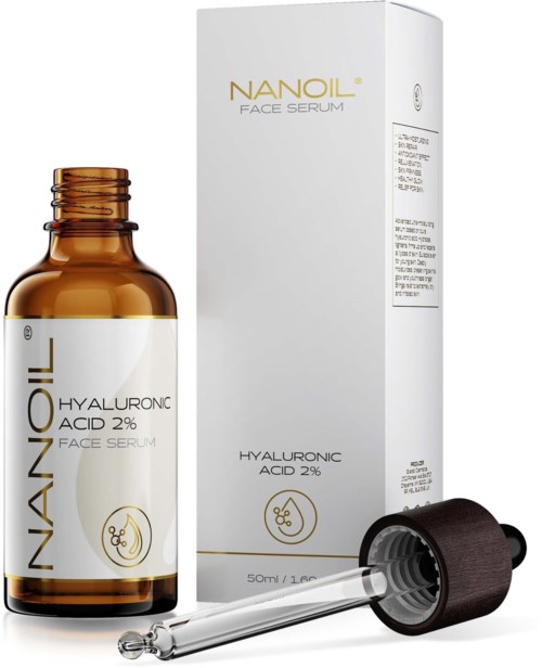 A bottle of Nanoil face serum with hyaluronic acid, next to its box and a dropper.