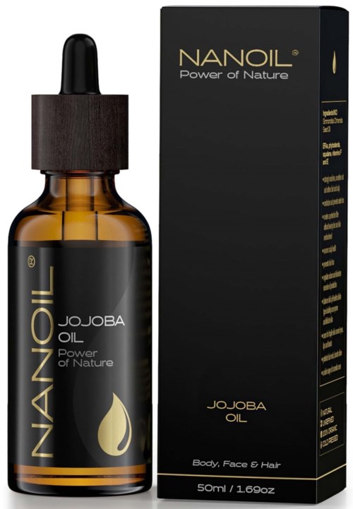 Jojoba oil in a dark glass bottle with a dropper and a black box, labeled 'Nanoil' and 'Power of Nature.'