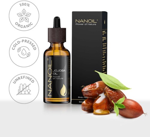 A product bottle with a box, dates, leaves, and symbols for organic, cold-pressed, and unrefined ingredients.