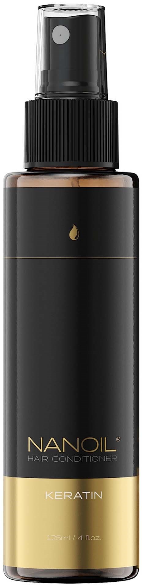 A black and gold spray bottle labeled Nanoil Keratin Hair Conditioner.