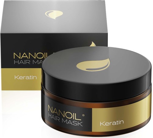 A hair mask jar labeled 'Nanoil Keratin' with a black and gold color scheme, next to its box.