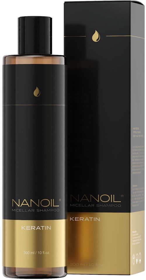 A tall black bottle and box with gold accents, labeled Nanoil Keratin Micellar Shampoo, 300 ml. Minimal design.