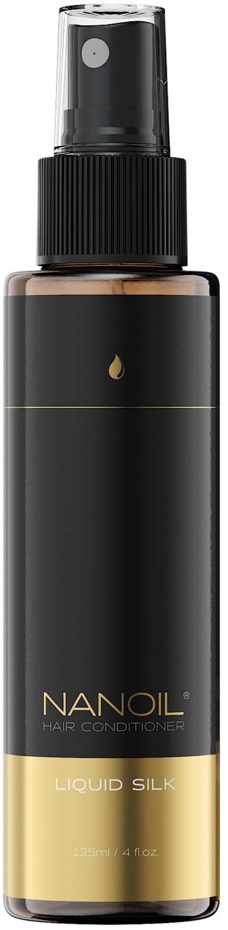 A black and gold spray bottle labeled Nanoil Liquid Silk for hair conditioning.