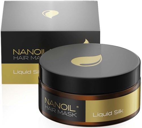 A container and box of Nanoil Liquid Silk Hair Mask, with black and gold colors. Designed for hair care.