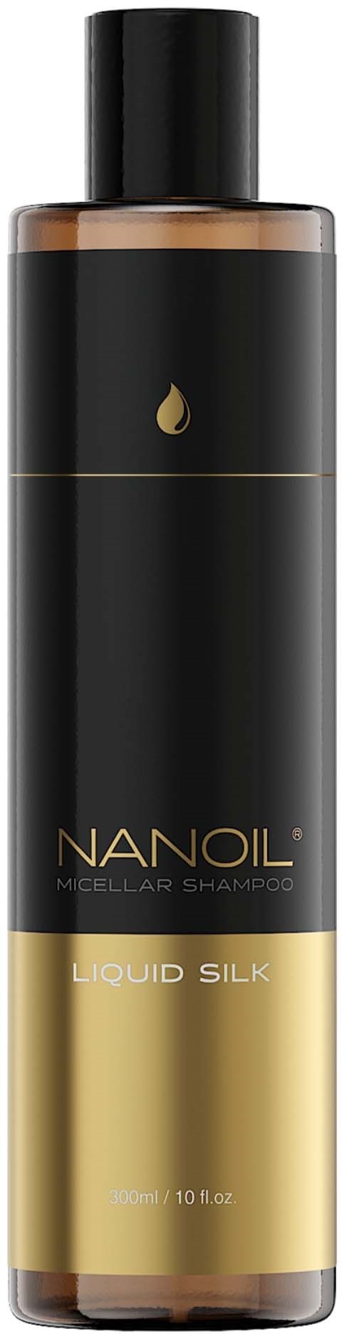 A tall black and gold bottle, labeled NANOIL Liquid Silk, with a small drop symbol on the black part.