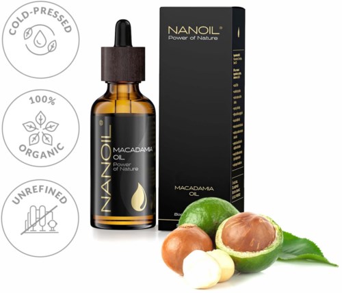 NANOIL Macadamia Oil bottle, black box, three macadamia nuts, lime, garlic, labels with organic, cold-pressed, unrefined marks.