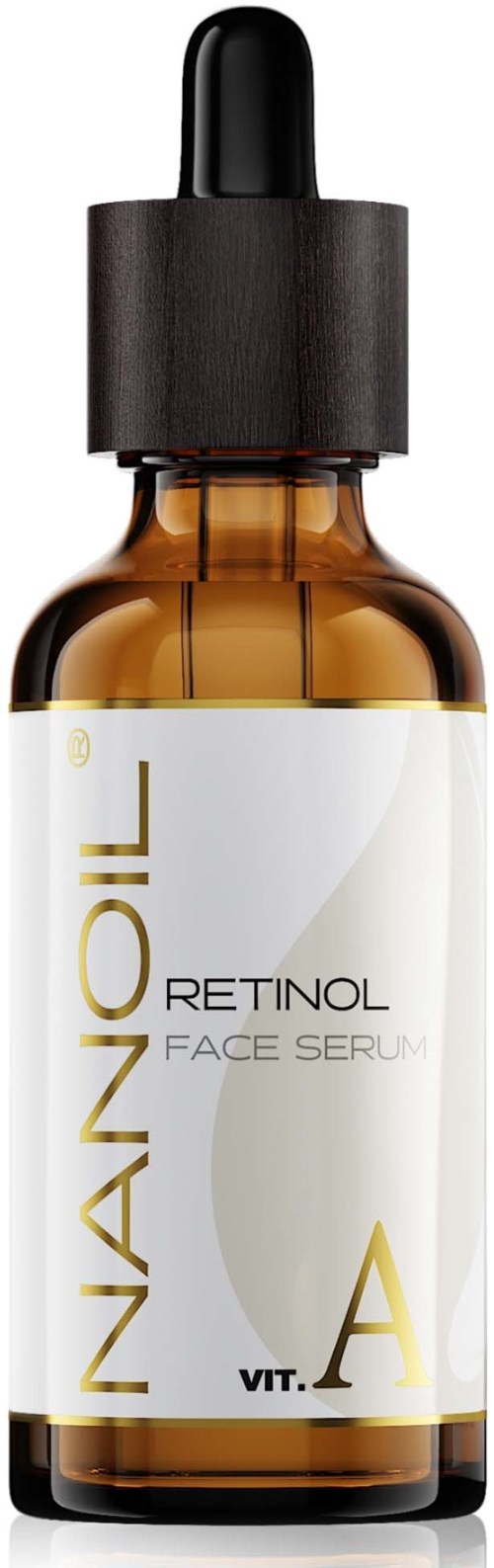 A small brown bottle with a black dropper cap, labeled 'RETINOL FACE SERUM' and 'VIT. A'.