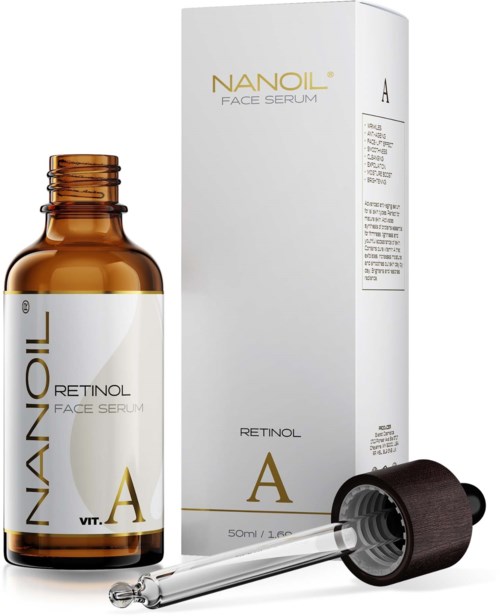 A small brown bottle of Nanoil Retinol Face Serum with a dropper and its white package box.