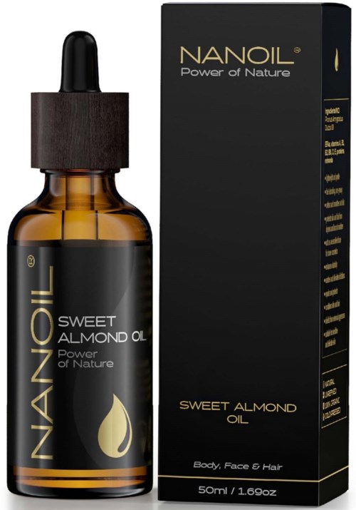 Brown glass bottle with a dropper next to a black box. Both are labeled "Nanoil Sweet Almond Oil" for skin, face, and hair.