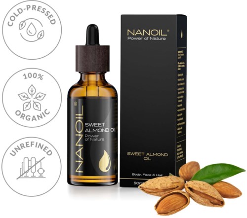 A bottle of Nanoll Sweet Almond Oil with almonds and leaves, highlighting organic, cold-pressed, unrefined features.