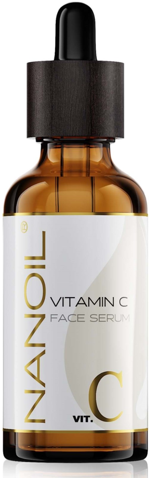A small brown bottle with a black dropper, labeled as Vitamin C face serum, used for skincare.