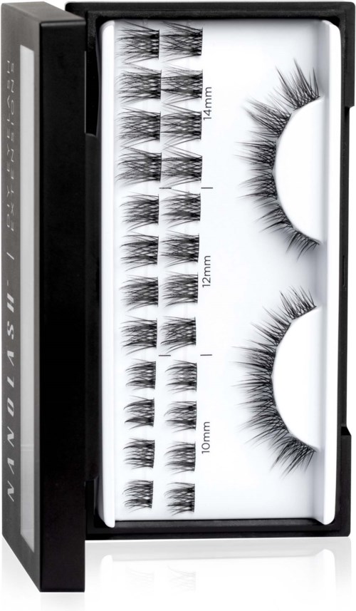 A set of artificial eyelashes in a box, with different lengths labeled and two large pairs of full lashes.