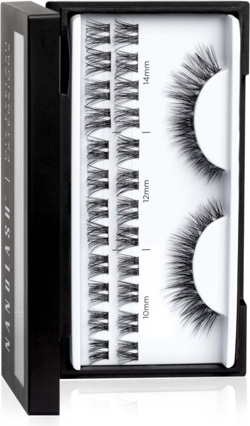 Set of false eyelashes in different lengths: 10mm, 12mm, 14mm, arranged in a white case.