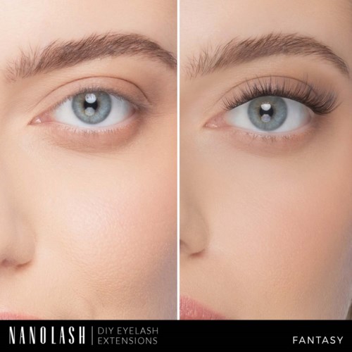 A before and after comparison of eye makeup with eyelash extensions, showing more defined lashes on the right.