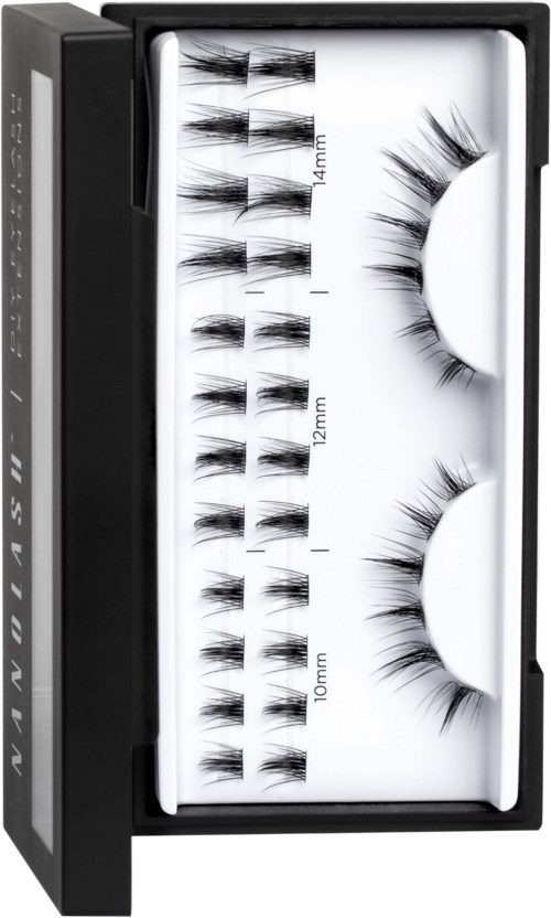 A box of false eyelashes in different sizes, arranged in rows with measurements marked, some are long and curved.