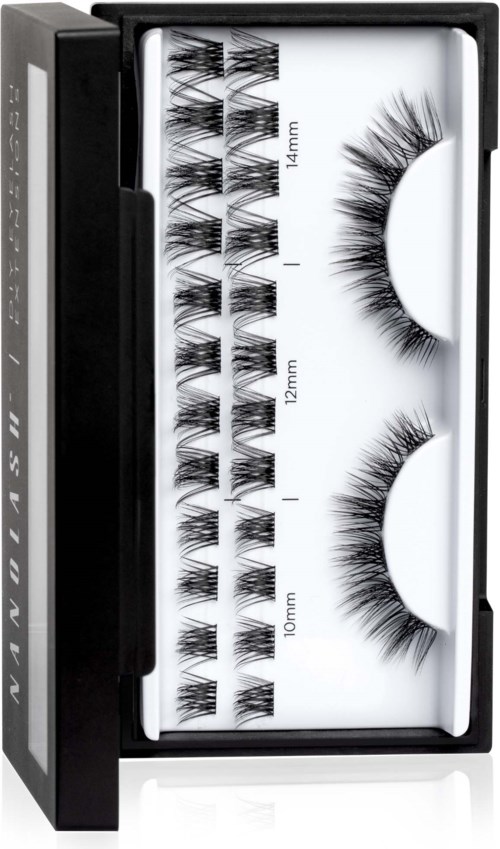 A set of false eyelashes with varying lengths in a box, labeled 10mm, 12mm, 14mm.
