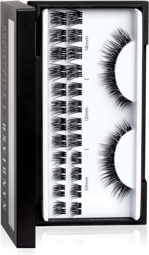Set of individual false eyelashes in different lengths from 10mm to 14mm in a display box.