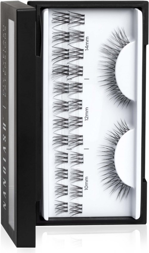 A box with multiple pairs of false eyelashes, arranged by size, daily, 10mm, 12mm, 14mm.