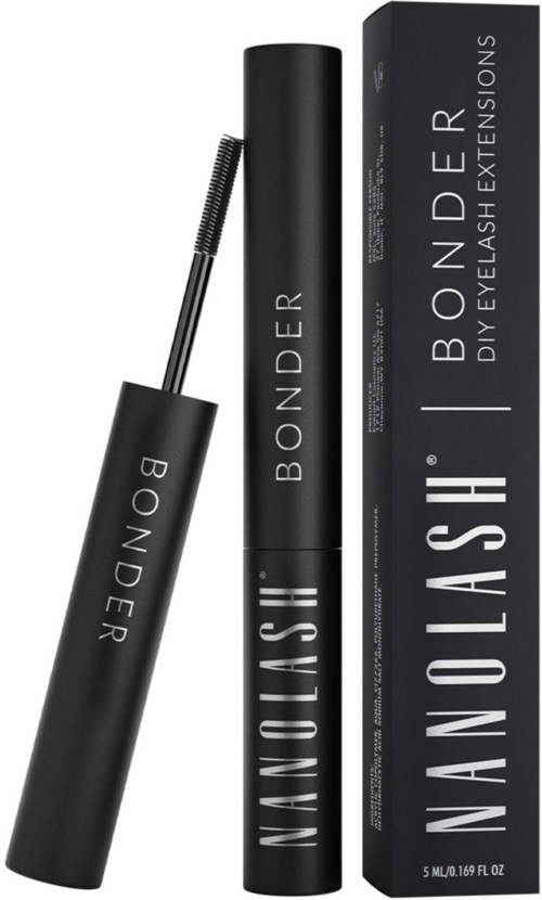 Een zwarte tube met een borstel erin, de verpakking zegt "Bonder" en "Nanosh" voor eyelash extensies.