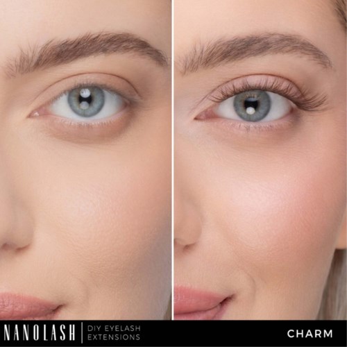 Före och efter bilder av ögonmakeup som visar ögonfransförlängningar och förbättrade ögonfransar.