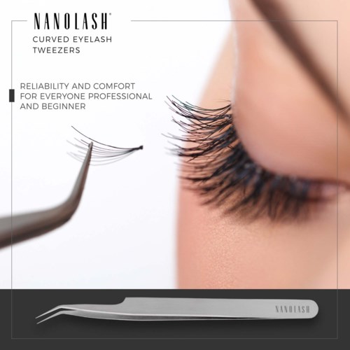 Eyebrow tweezers with curved tips shown near a closed eye with long eyelashes.