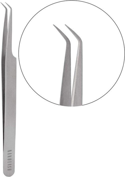 Two metal tweezers with pointed tips, one longer, one shorter, shown close-up and in full.