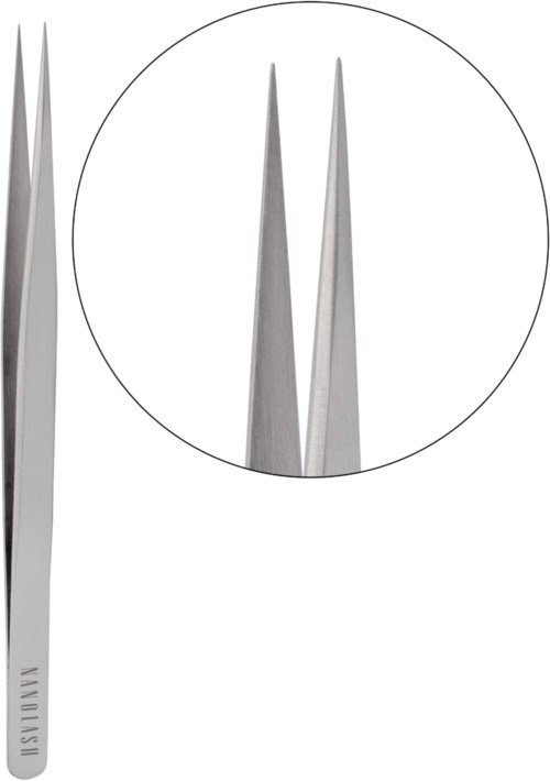 A pair of tweezers with pointed tips inside a circle, displayed with a close-up inset. The tweezers are metallic and sleek.