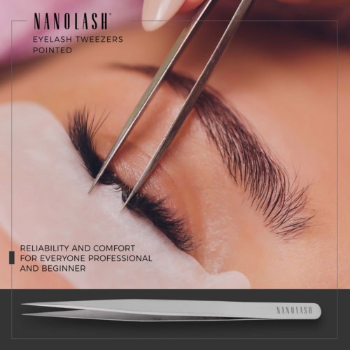 Illustration of eyelash tweezers applying to natural eyelashes, with text about a product named NANOLASH.