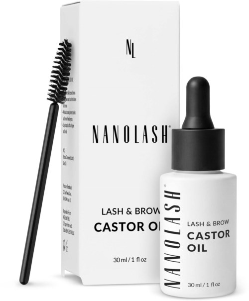 Nanolash ricinolje for øyenvipper og øyenbryn, med børste og hvit eske, 30ml størrelse.