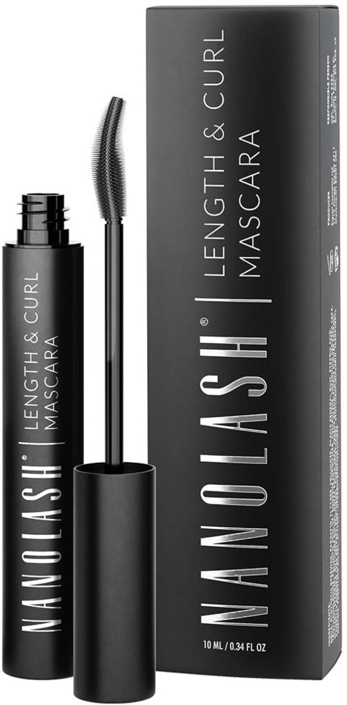 Een zwart mascara-vial met een gebogen borstel en de woorden 'Length & Curl Mascara' erop, naast een doos met vergelijkbare tekst.