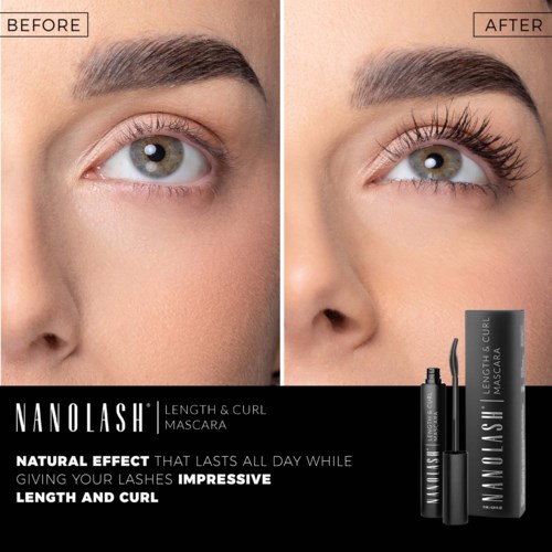 Voor- en na-foto's laten een oog zien met en zonder mascara, met langere, gekrulde wimpers voor een dramatisch effect.