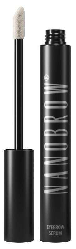 Een zwarte tube met witte tekst zegt 'Eyebrow Serum.' De kwast met witte borstel staat ernaast.