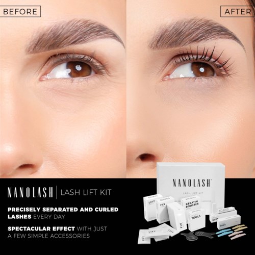 Voor en na beelden tonen een wimperlifting, waardoor wimpers langer, gekruld en beter gedefinieerd lijken.