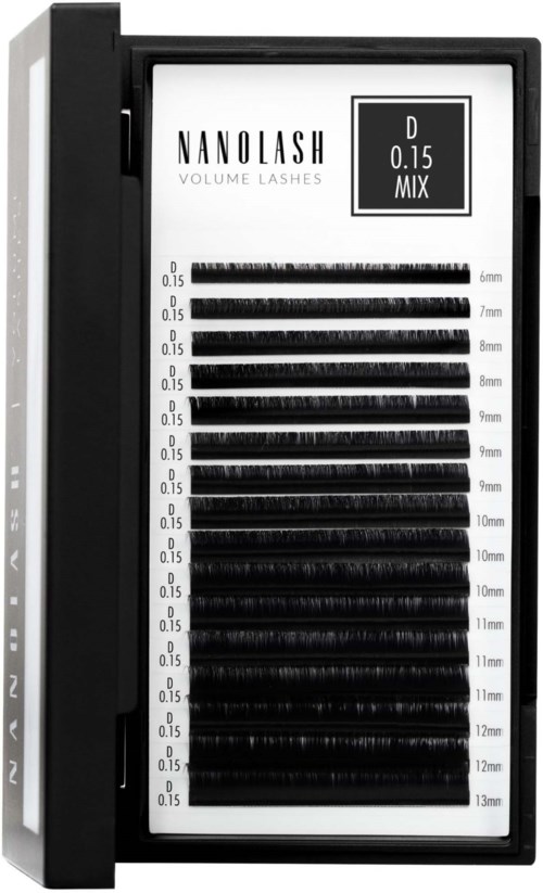 Näyttölaukku, jossa on nano lash -volyymin ripset eri pituuksilla 6 mm:stä 13 mm:iin mustana.