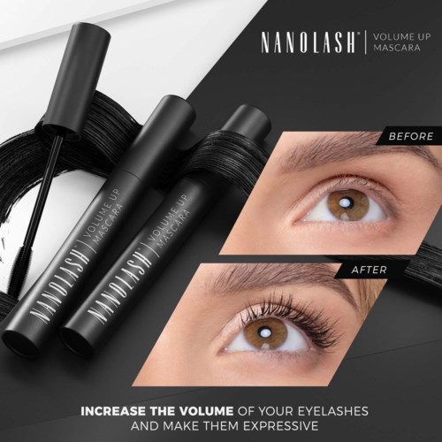 Een schoonheidsadvertentie toont voor en na afbeeldingen van wimpers, met mascara tubes gelabeld 'NanoLash'.