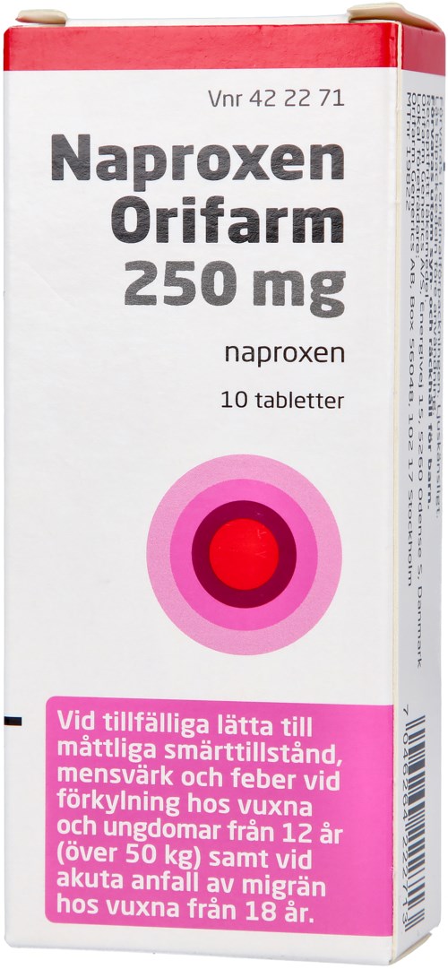 Box med Naproxen Orifarm 250 mg med 10 tabletter, rosa och rött målskiva, och text på svenska.
