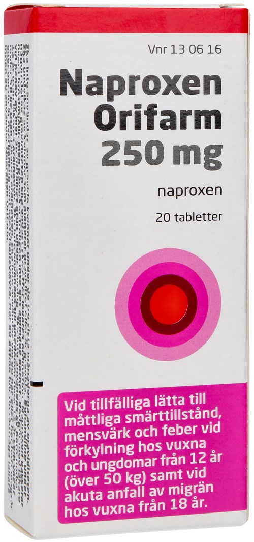 En vit förpackning med rött upptill, står Naproxen Orifarm 250 mg, 20 tabletter, och har en rosa cirkel som logo.