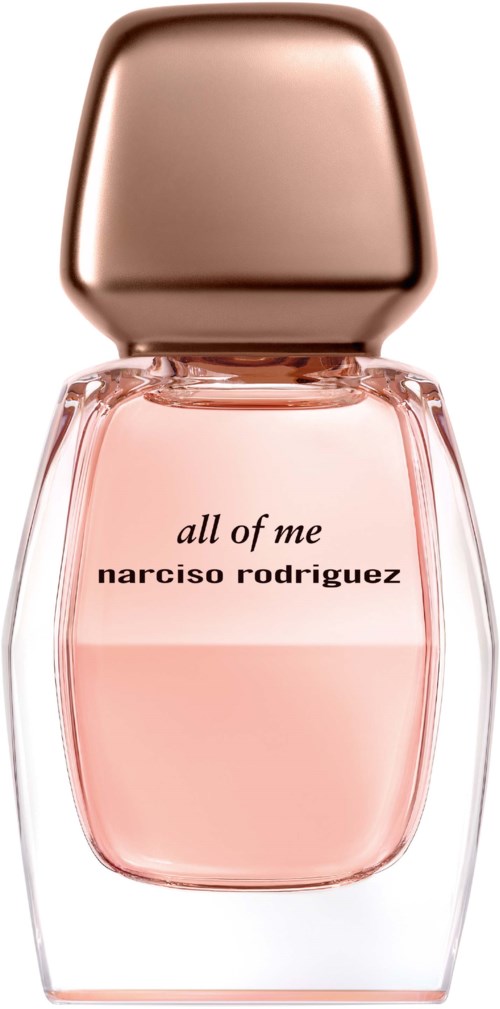 Een parfumfles met roze vloeistof, gelabeld 'all of me' door narciso rodriguez, met een gouden dop.