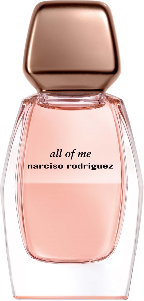 Een parfumfles met label 'all of me' door Narciso Rodriguez, met roze vloeistof en een glanzende, gouden dop.