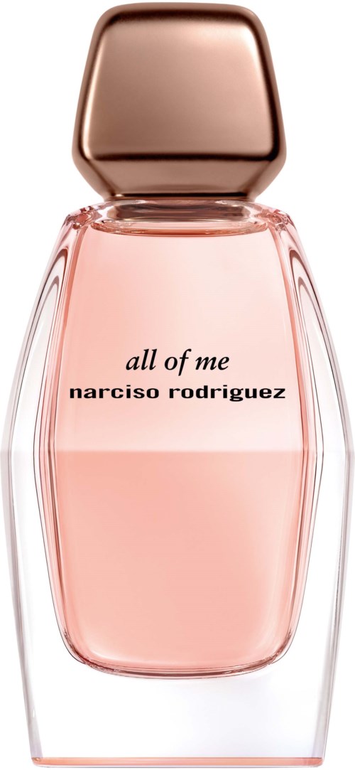 Een parfumfles met een roze vloeistof, een gouden dop en de tekst 'all of me narciso rodriguez'.