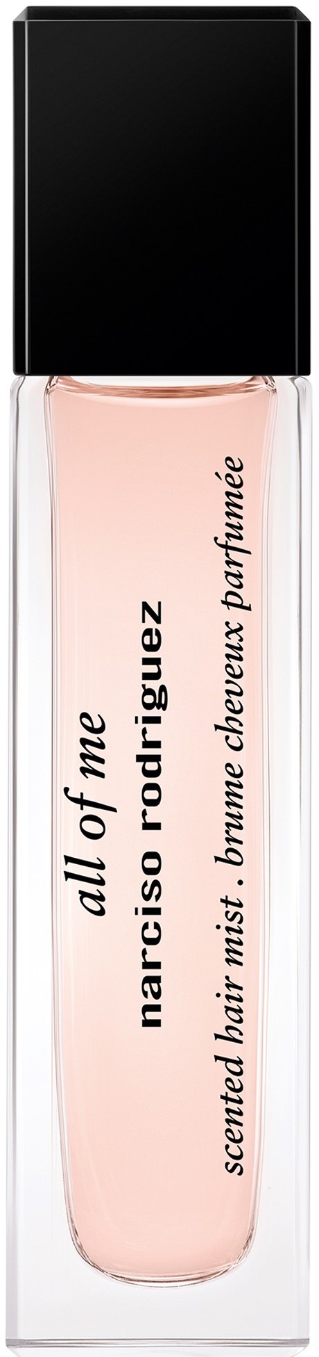 Een parfumfles met zwarte dop, gelabeld "all of me" van Marc Jacobs, met lichtroze vloeistof.
